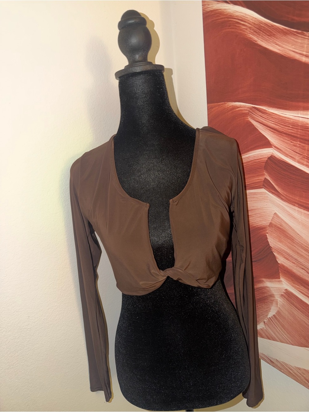 PrettyLittleThing Brown Twist Front Long Sleeve Crop Top